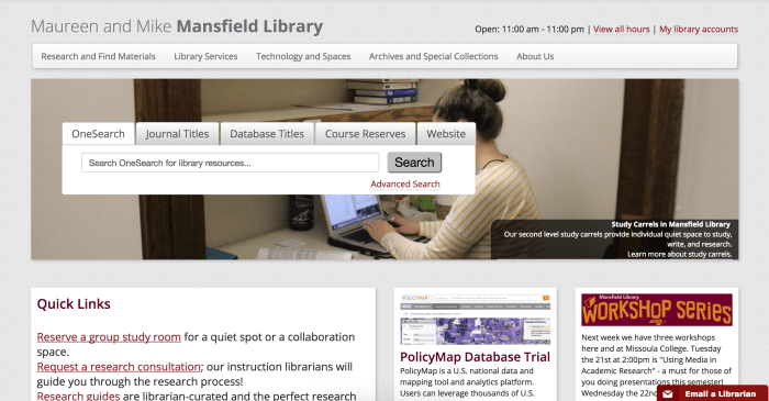 screenshot of Mansfield Library homepage at the University of Montana. This is an older screenshot from spring semester 2017 using the Internet Archive's Wayback Machine