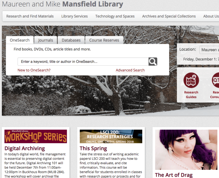 screenshot of the Mansfield Library home page at the University of Montana.