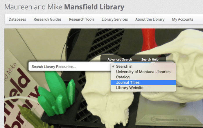 screenshot of Mansfield Library homepage at the University of Montana. This is an older screenshot from spring semester 2017 using the Internet Archive's Wayback Machine.