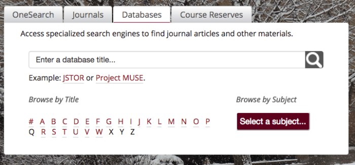 screenshot of database tab on the Mansfield Library's website
