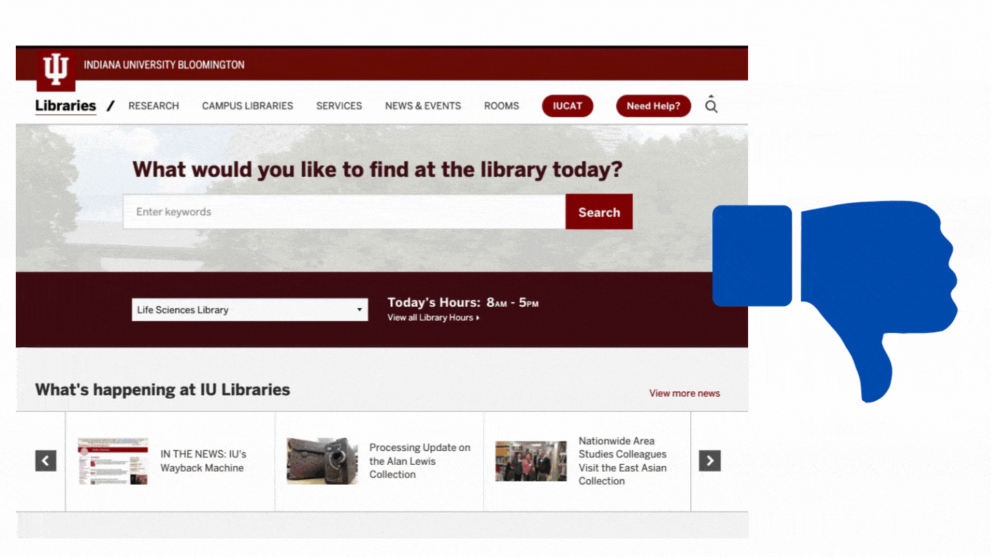 gif of old Indiana University Bloomington libraries home page with two hours features.