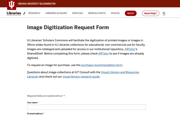 Screenshot of IU Libraries image digitization request form